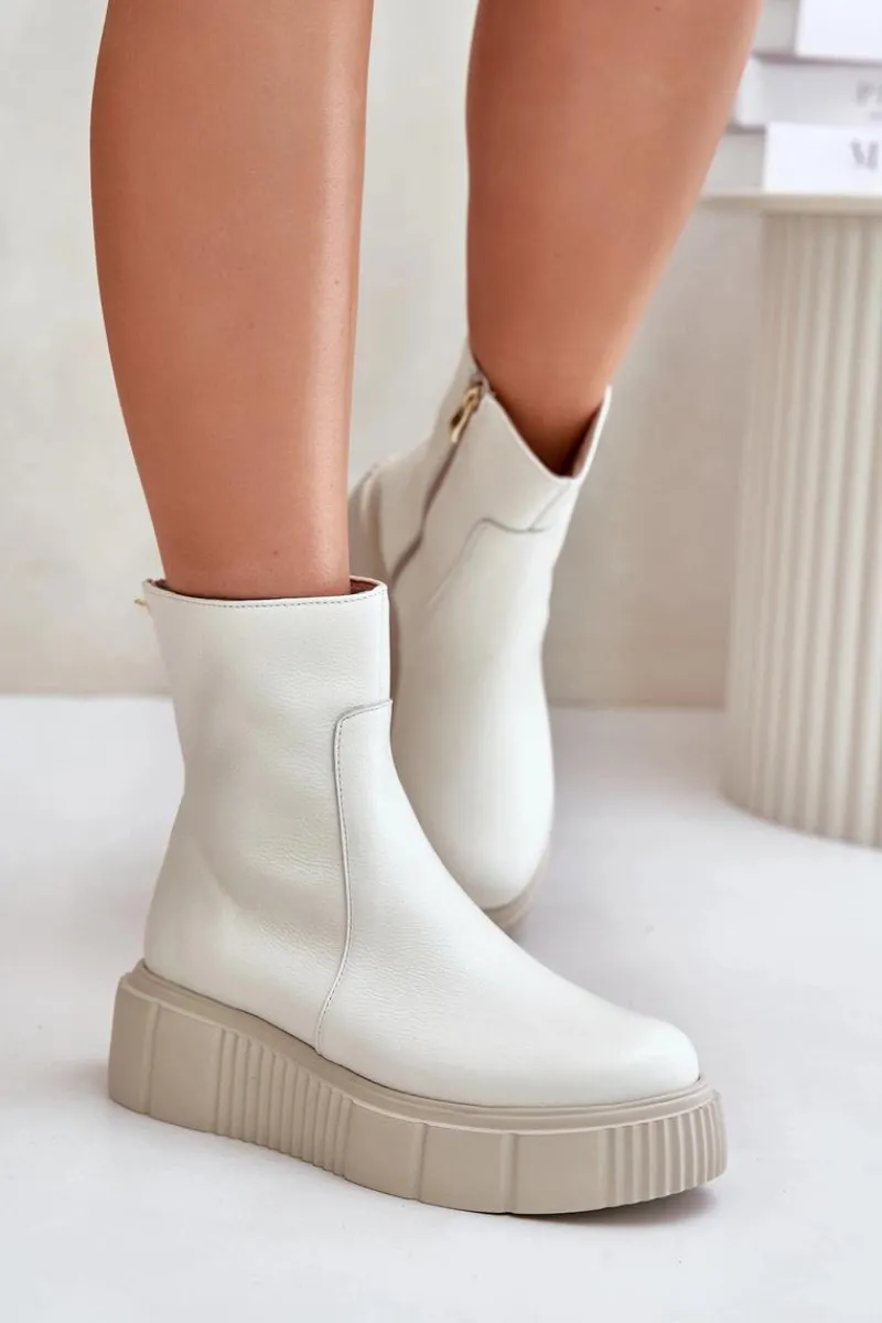 Botki Zimowe Damskie|Botki Płaskie>Zazoo 60369 Damskie Skórzane Botki Na Platformie Jasnobeżowe