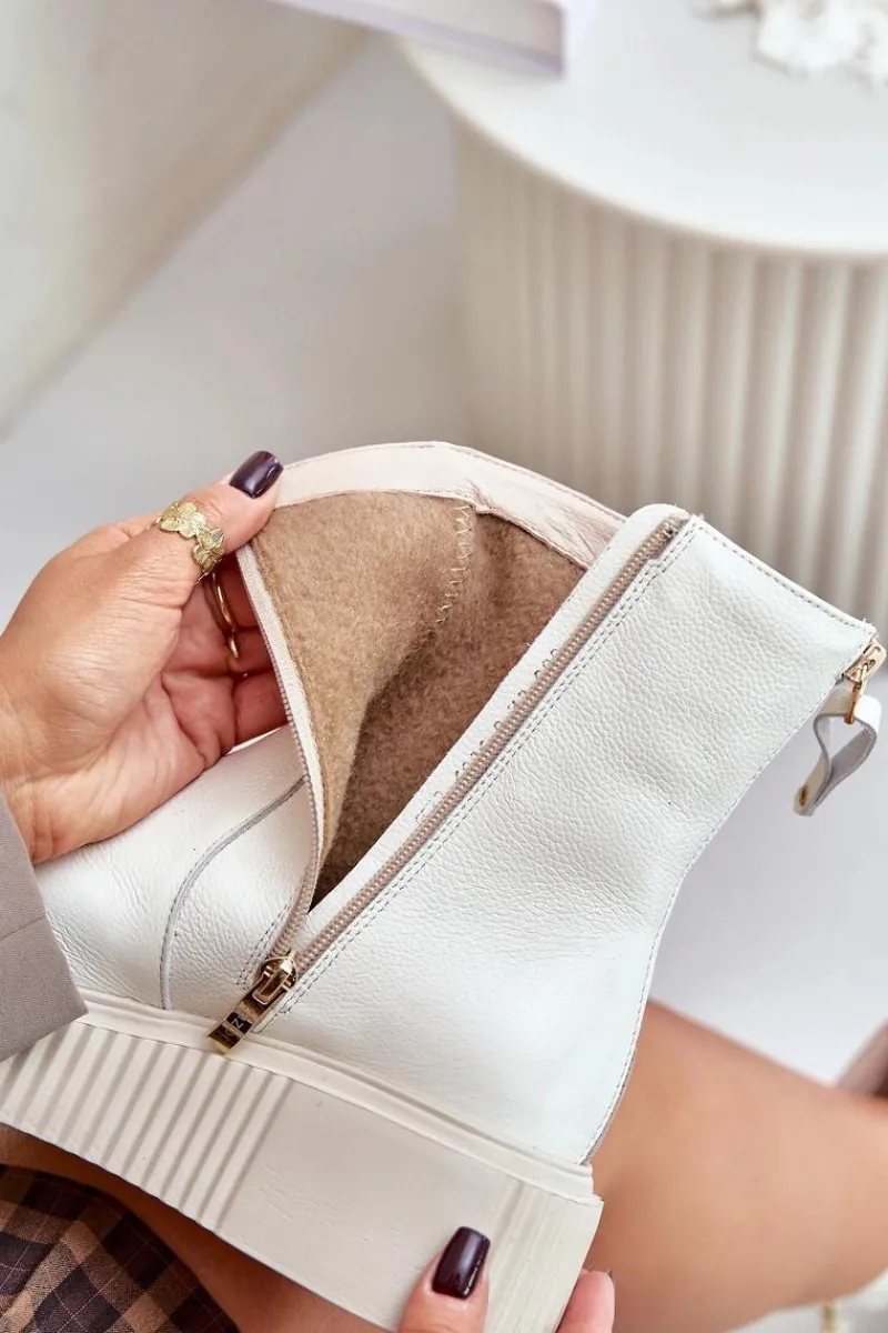 Botki Zimowe Damskie|Botki Płaskie>Zazoo 60369 Damskie Skórzane Botki Na Platformie Jasnobeżowe