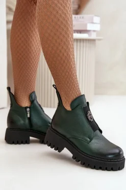 Boto Zazoo 60451 Damskie Skórzane Botki Z Ozdobą Ciemnozielone Zielony