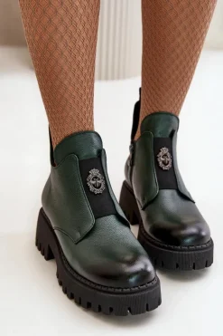 Boto Zazoo 60451 Damskie Skórzane Botki Z Ozdobą Ciemnozielone Zielony