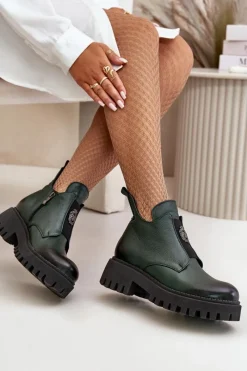 Boto Zazoo 60451 Damskie Skórzane Botki Z Ozdobą Ciemnozielone Zielony