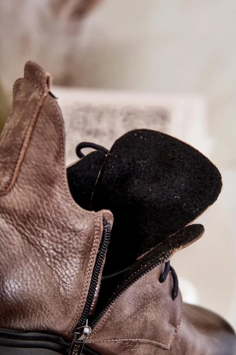 Zazoo 60309 Damskie Skórzane Botki Na Płaskim Obcasie Ciemnobeżowe Damskie Botki Skórzane|Botki Sznurowane