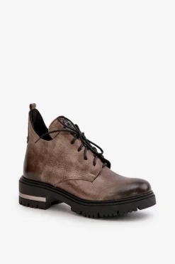 Zazoo 60309 Damskie Skórzane Botki Na Płaskim Obcasie Ciemnobeżowe Damskie Botki Skórzane|Botki Sznurowane