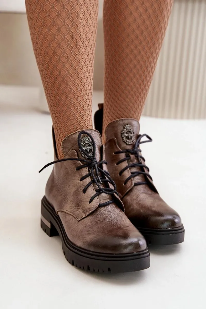 Zazoo 60309 Damskie Skórzane Botki Na Płaskim Obcasie Ciemnobeżowe Damskie Botki Skórzane|Botki Sznurowane