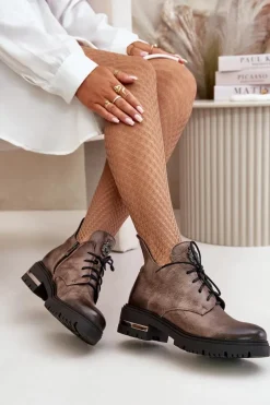 Zazoo 60309 Damskie Skórzane Botki Na Płaskim Obcasie Ciemnobeżowe Damskie Botki Skórzane|Botki Sznurowane