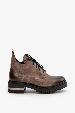 Zazoo 60309 Damskie Skórzane Botki Na Płaskim Obcasie Ciemnobeżowe Damskie Botki Skórzane|Botki Sznurowane