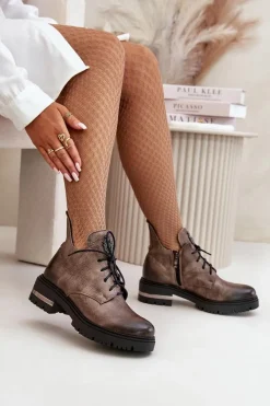 Zazoo 60309 Damskie Skórzane Botki Na Płaskim Obcasie Ciemnobeżowe Damskie Botki Skórzane|Botki Sznurowane