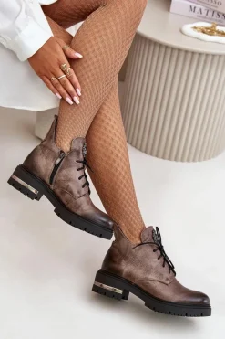 Zazoo 60309 Damskie Skórzane Botki Na Płaskim Obcasie Ciemnobeżowe Damskie Botki Skórzane|Botki Sznurowane