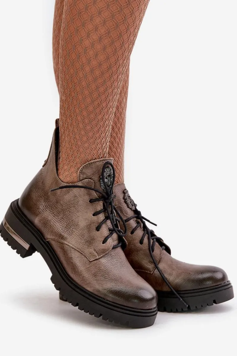 Zazoo 60309 Damskie Skórzane Botki Na Płaskim Obcasie Ciemnobeżowe Damskie Botki Skórzane|Botki Sznurowane