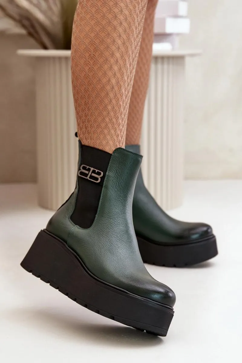 New 60498 Damskie Skórzane Botki Sztyblety Na Platformie I Koturnie Ciemnozielone Damskie Botki Ocieplane|Botki Skórzane