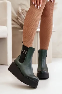 New 60498 Damskie Skórzane Botki Sztyblety Na Platformie I Koturnie Ciemnozielone Damskie Botki Ocieplane|Botki Skórzane