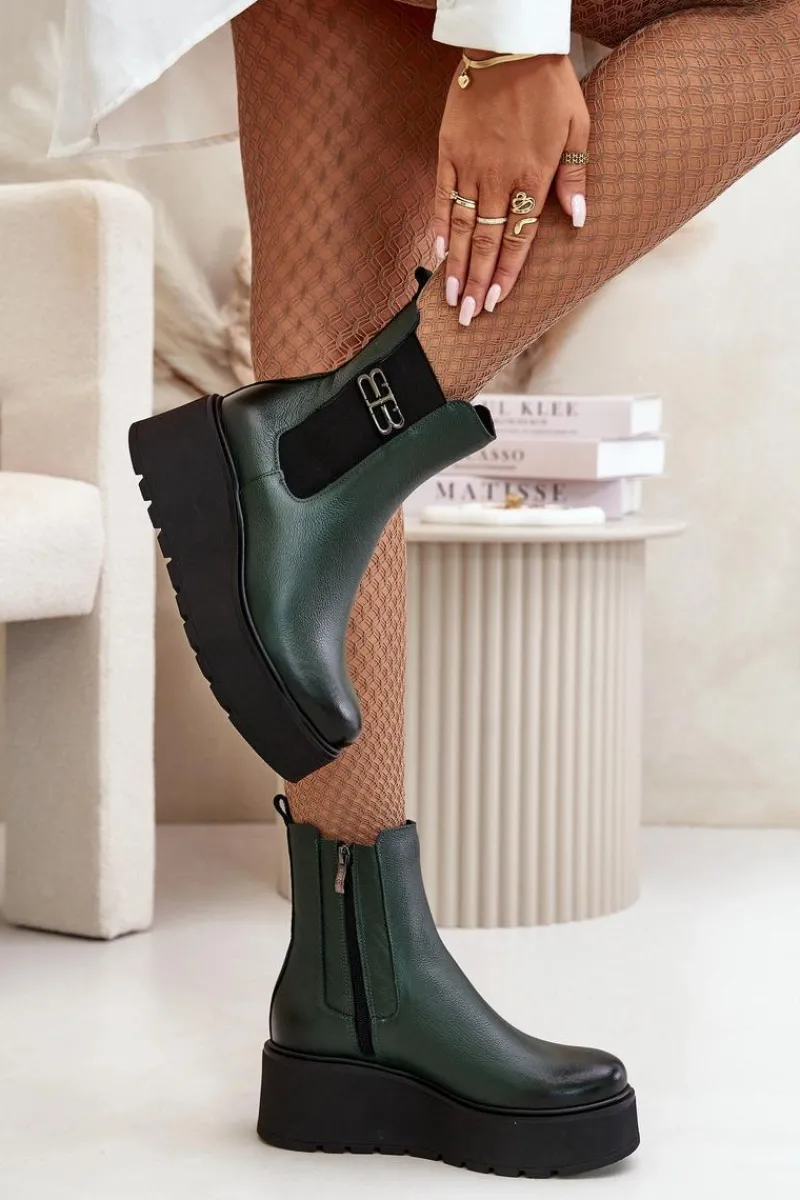 New 60498 Damskie Skórzane Botki Sztyblety Na Platformie I Koturnie Ciemnozielone Damskie Botki Ocieplane|Botki Skórzane