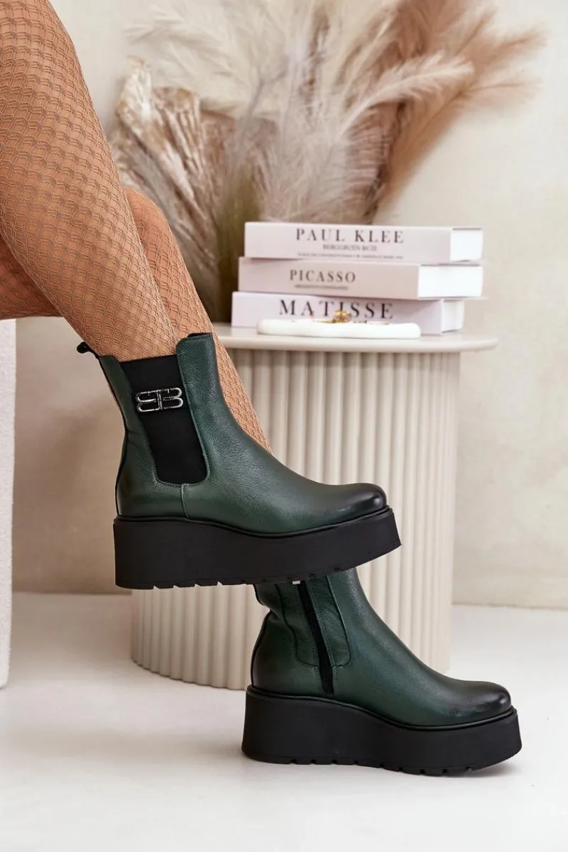 New 60498 Damskie Skórzane Botki Sztyblety Na Platformie I Koturnie Ciemnozielone Damskie Botki Ocieplane|Botki Skórzane