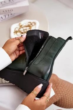 New 60498 Damskie Skórzane Botki Sztyblety Na Platformie I Koturnie Ciemnozielone Damskie Botki Ocieplane|Botki Skórzane