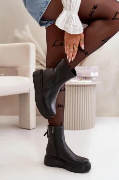 60369 Damskie Skórzane Botki Na Platformie Czarne Damskie Botki Ocieplane|Botki Skórzane