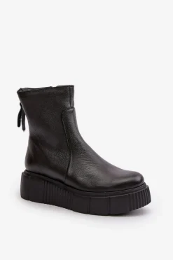 60369 Damskie Skórzane Botki Na Platformie Czarne Damskie Botki Ocieplane|Botki Skórzane