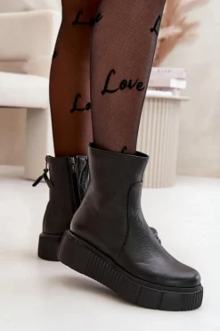 60369 Damskie Skórzane Botki Na Platformie Czarne Damskie Botki Ocieplane|Botki Skórzane