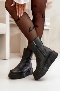 60369 Damskie Skórzane Botki Na Platformie Czarne Damskie Botki Ocieplane|Botki Skórzane