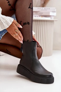 60369 Damskie Skórzane Botki Na Platformie Czarne Damskie Botki Ocieplane|Botki Skórzane