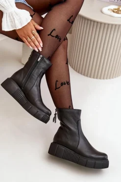 60369 Damskie Skórzane Botki Na Platformie Czarne Damskie Botki Ocieplane|Botki Skórzane