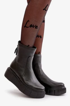 60369 Damskie Skórzane Botki Na Platformie Czarne Damskie Botki Ocieplane|Botki Skórzane