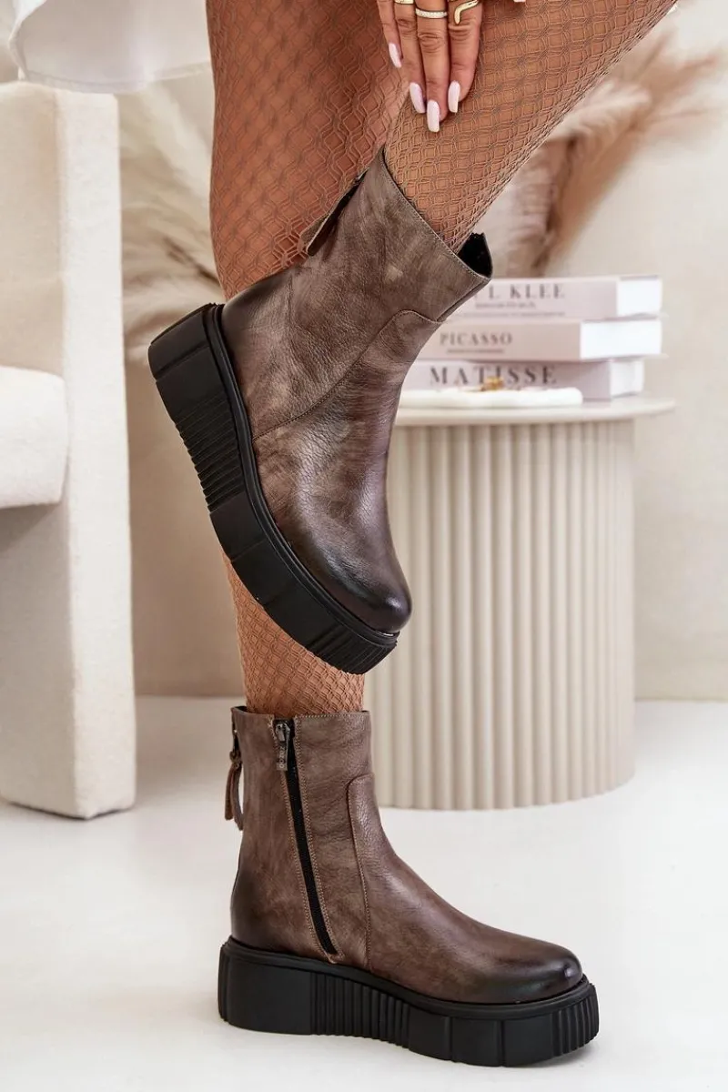 Hot Zazoo 60369 Damskie Skórzane Botki Na Platformie Ciemnobeżowe Beżowy