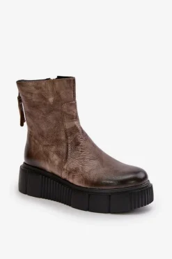 Hot Zazoo 60369 Damskie Skórzane Botki Na Platformie Ciemnobeżowe Beżowy