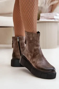 Hot Zazoo 60369 Damskie Skórzane Botki Na Platformie Ciemnobeżowe Beżowy