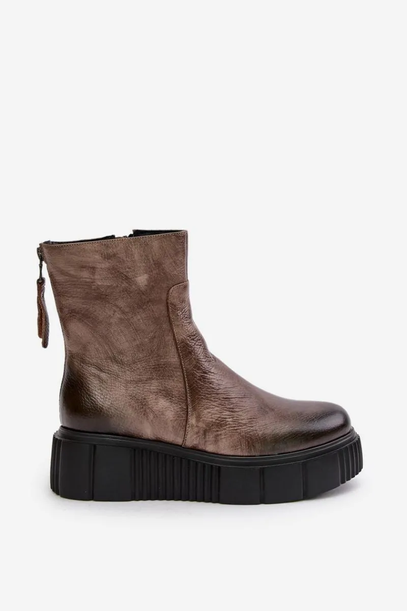 Hot Zazoo 60369 Damskie Skórzane Botki Na Platformie Ciemnobeżowe Beżowy