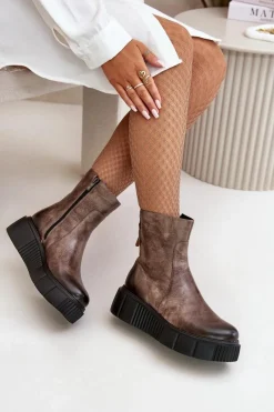 Hot Zazoo 60369 Damskie Skórzane Botki Na Platformie Ciemnobeżowe Beżowy