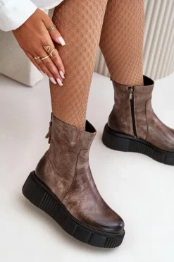 Hot Zazoo 60369 Damskie Skórzane Botki Na Platformie Ciemnobeżowe Beżowy