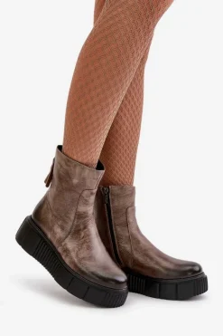 Hot Zazoo 60369 Damskie Skórzane Botki Na Platformie Ciemnobeżowe Beżowy