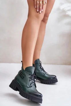 Botki Ocieplane|Botki Skórzane>Zazoo 60483 Damskie Skórzane Botki Z Niską Cholewką Ocieplane Ciemnozielone Zielony