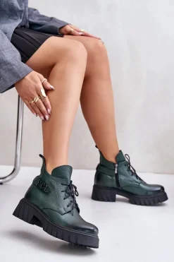 Botki Ocieplane|Botki Skórzane>Zazoo 60483 Damskie Skórzane Botki Z Niską Cholewką Ocieplane Ciemnozielone Zielony