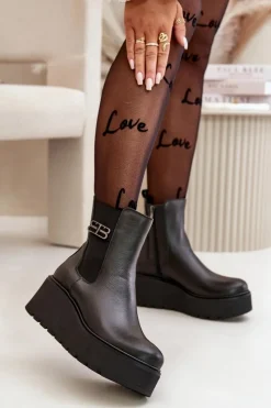 60498 Damskie Skórzane Botki Sztyblety Na Platformie I Koturnie Czarne Damskie Botki Ocieplane|Botki Skórzane