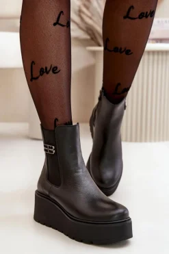 60498 Damskie Skórzane Botki Sztyblety Na Platformie I Koturnie Czarne Damskie Botki Ocieplane|Botki Skórzane