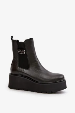 60498 Damskie Skórzane Botki Sztyblety Na Platformie I Koturnie Czarne Damskie Botki Ocieplane|Botki Skórzane