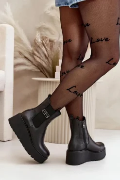 60498 Damskie Skórzane Botki Sztyblety Na Platformie I Koturnie Czarne Damskie Botki Ocieplane|Botki Skórzane