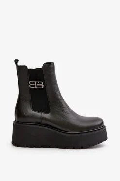 60498 Damskie Skórzane Botki Sztyblety Na Platformie I Koturnie Czarne Damskie Botki Ocieplane|Botki Skórzane