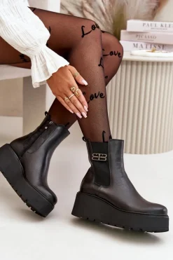 60498 Damskie Skórzane Botki Sztyblety Na Platformie I Koturnie Czarne Damskie Botki Ocieplane|Botki Skórzane