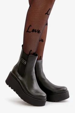 60498 Damskie Skórzane Botki Sztyblety Na Platformie I Koturnie Czarne Damskie Botki Ocieplane|Botki Skórzane