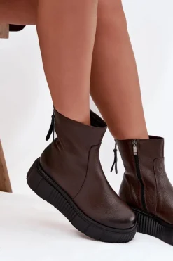 Sale Zazoo 60369 Damskie Skórzane Botki Na Platformie Czekoladowe Brązowy