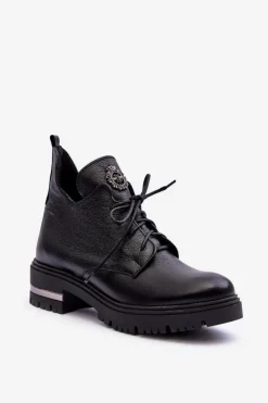 Clearance Zazoo 60309 Damskie Skórzane Botki Na Płaskim Obcasie Czarne Damskie Botki Sznurowane|Czarne Botki