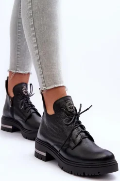 Clearance Zazoo 60309 Damskie Skórzane Botki Na Płaskim Obcasie Czarne Damskie Botki Sznurowane|Czarne Botki