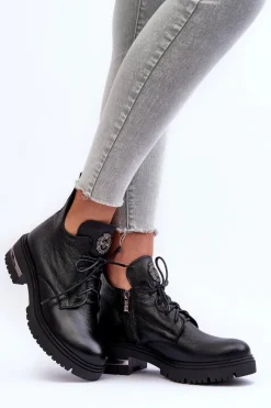 Clearance Zazoo 60309 Damskie Skórzane Botki Na Płaskim Obcasie Czarne Damskie Botki Sznurowane|Czarne Botki