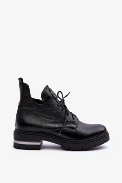 Clearance Zazoo 60309 Damskie Skórzane Botki Na Płaskim Obcasie Czarne Damskie Botki Sznurowane|Czarne Botki