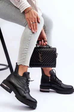 Clearance Zazoo 60309 Damskie Skórzane Botki Na Płaskim Obcasie Czarne Damskie Botki Sznurowane|Czarne Botki