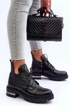 Clearance Zazoo 60309 Damskie Skórzane Botki Na Płaskim Obcasie Czarne Damskie Botki Sznurowane|Czarne Botki