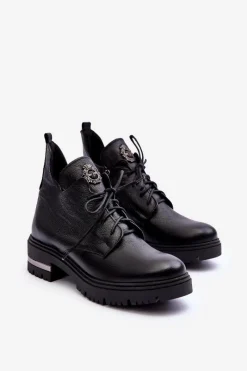 Clearance Zazoo 60309 Damskie Skórzane Botki Na Płaskim Obcasie Czarne Damskie Botki Sznurowane|Czarne Botki