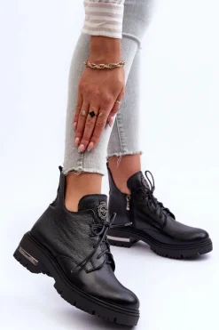 Clearance Zazoo 60309 Damskie Skórzane Botki Na Płaskim Obcasie Czarne Damskie Botki Sznurowane|Czarne Botki